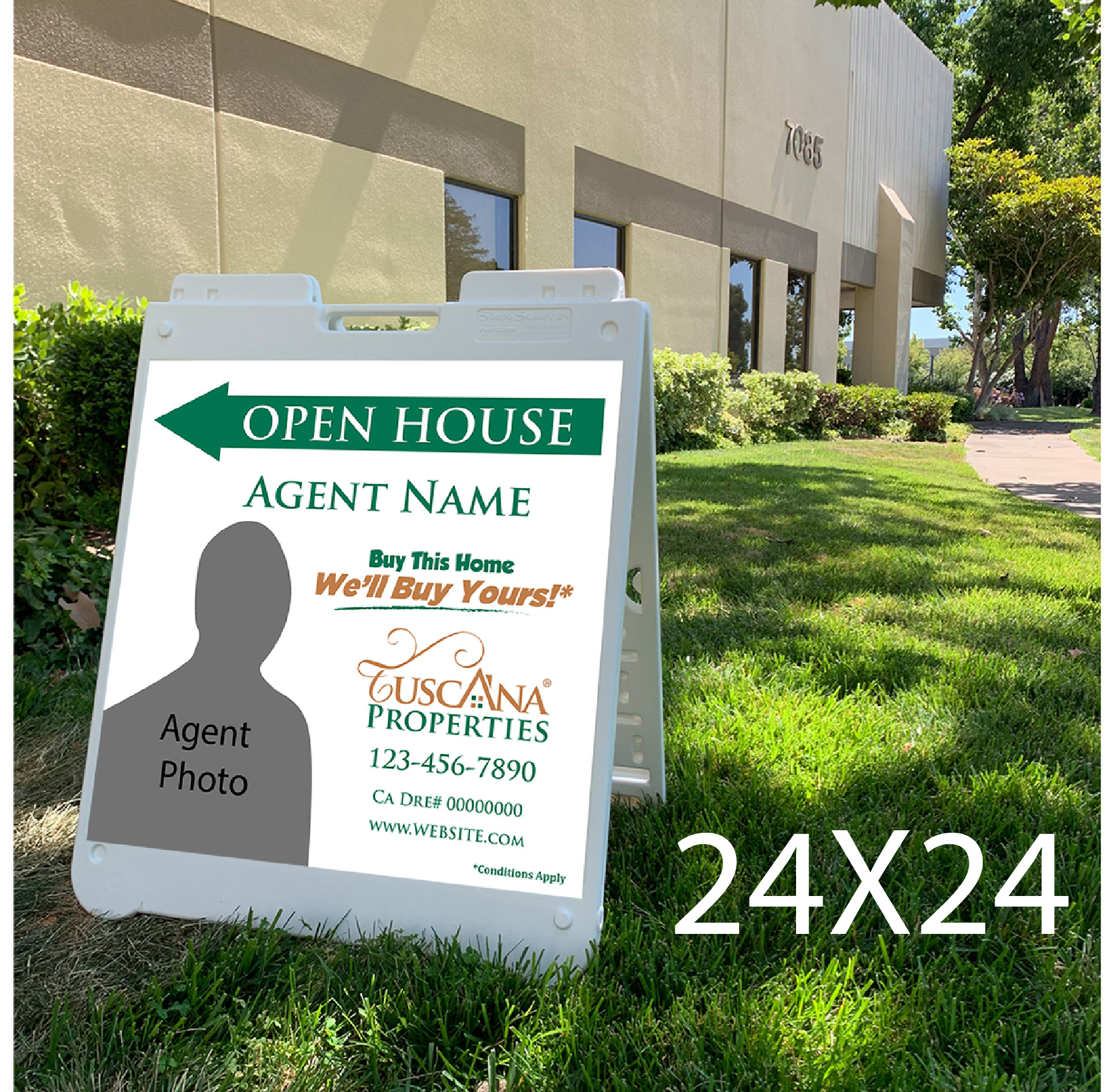 Tuscana Properties 24x24 Open House sign with White Plasticade Frame