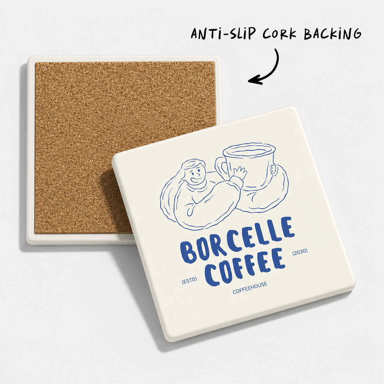 Square ceramic coaster with anti slip cork backing
