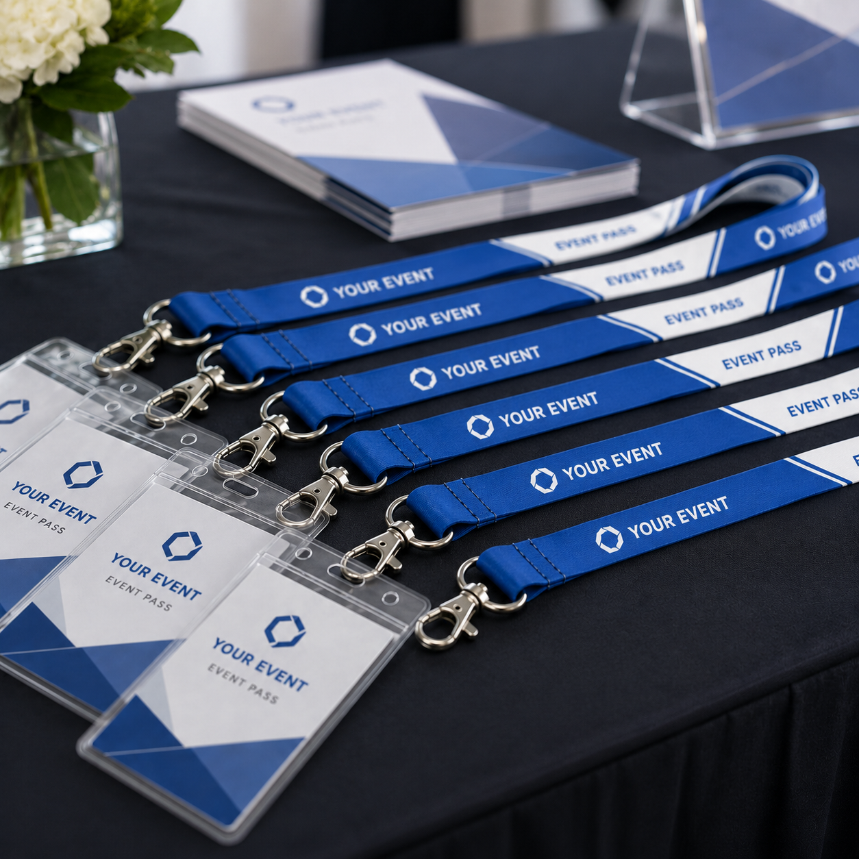 Professional attendee wearing a custom event lanyard
