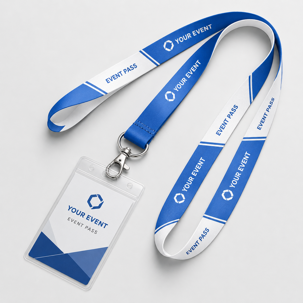 Multiple personalized event lanyards arranged on a registration table