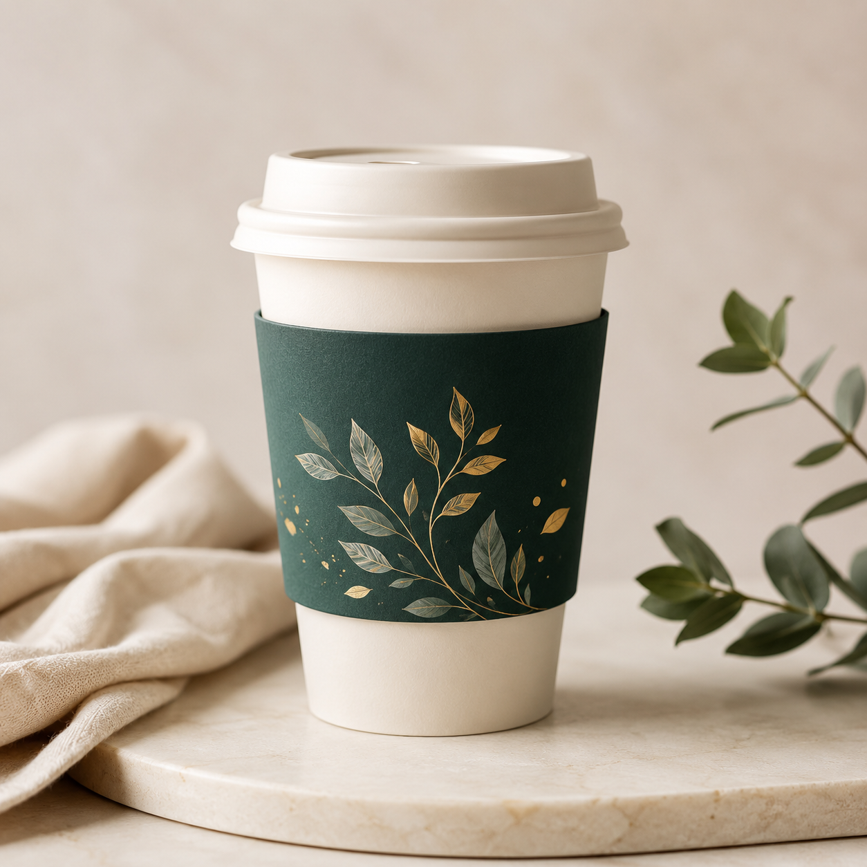 Premium custom soft touch coffee sleeve on a takeaway cup