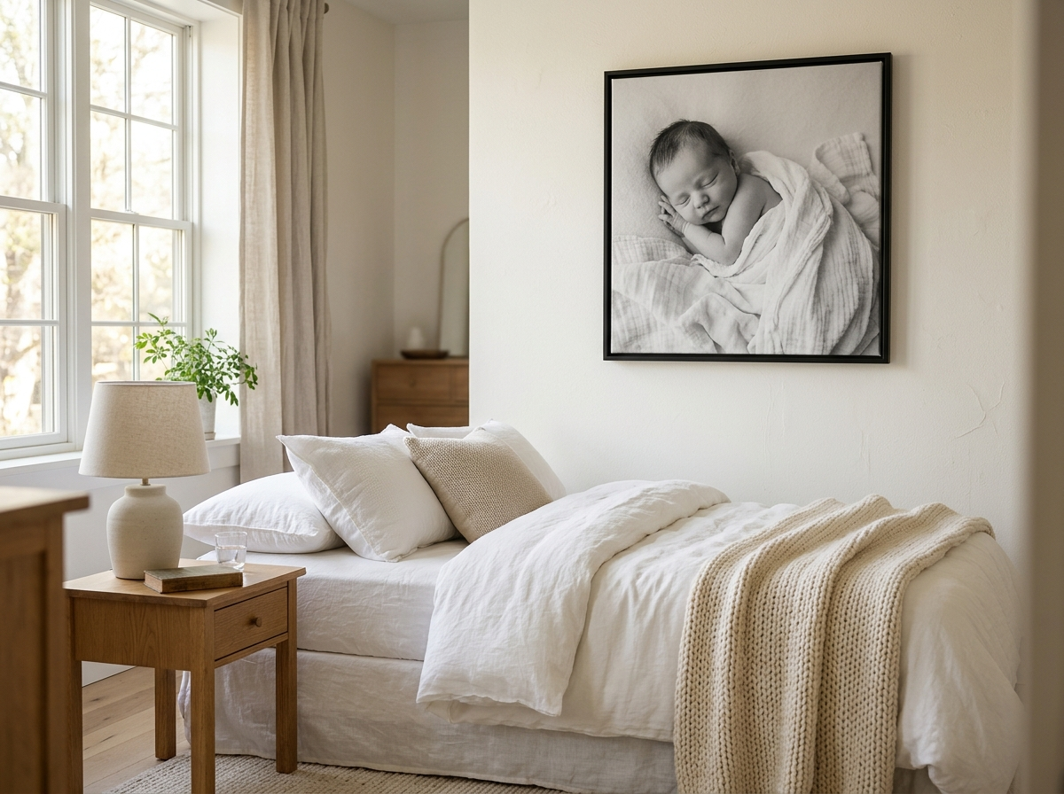 24" x 24" framed canvas, Black frame, bedroom