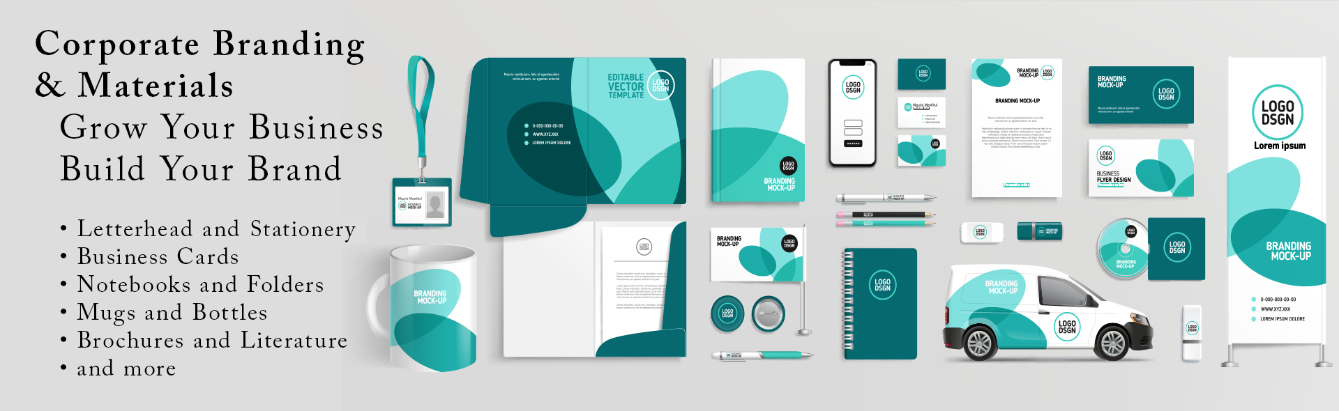 Display of corporate branding and print materials including business cards, mugs, badges, print brochures and more.