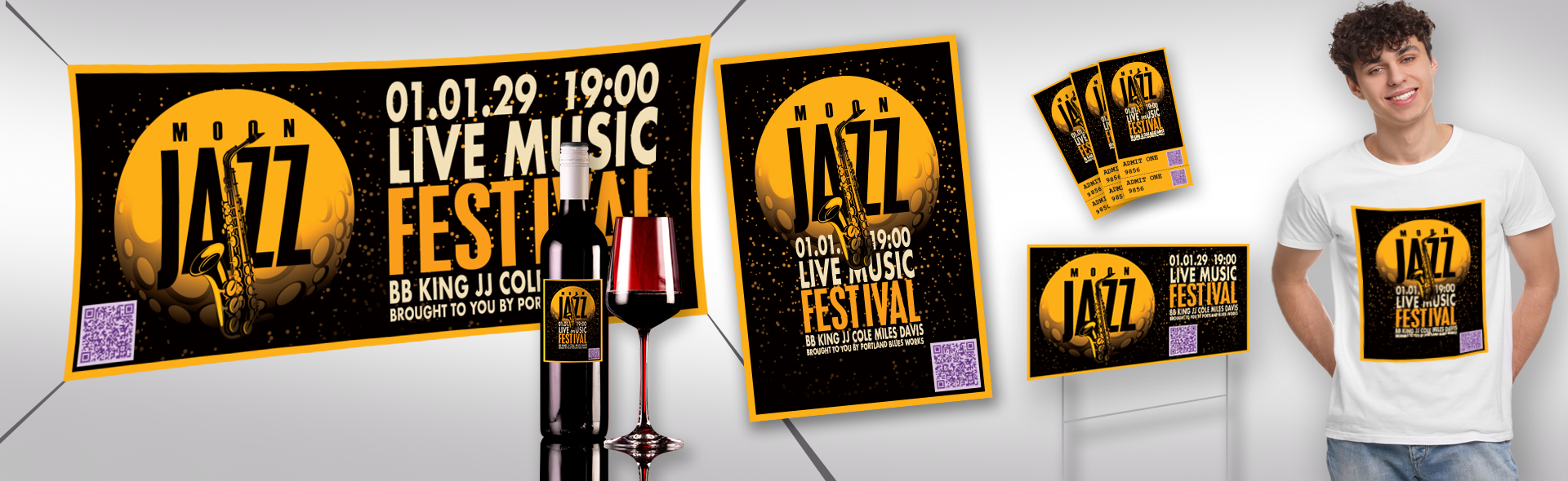 Banner depicting event marketing signs, posters, tickets and t shirts.