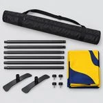 Slider backdrop kit laid flat: black travel bag, six frame tubes, two feet, four knobs and folded fabric graphic