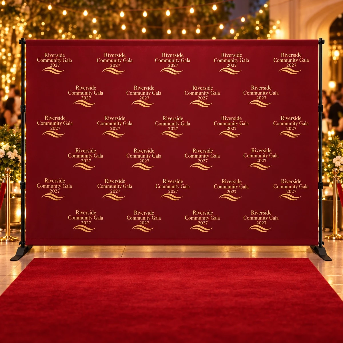 Burgundy step-and-repeat slider backdrop with gold Riverside Community Gala 2027 logos and a red carpet