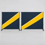 8 ft and 10 ft slider backdrops side by side in matching navy and gold designs to show the width difference
