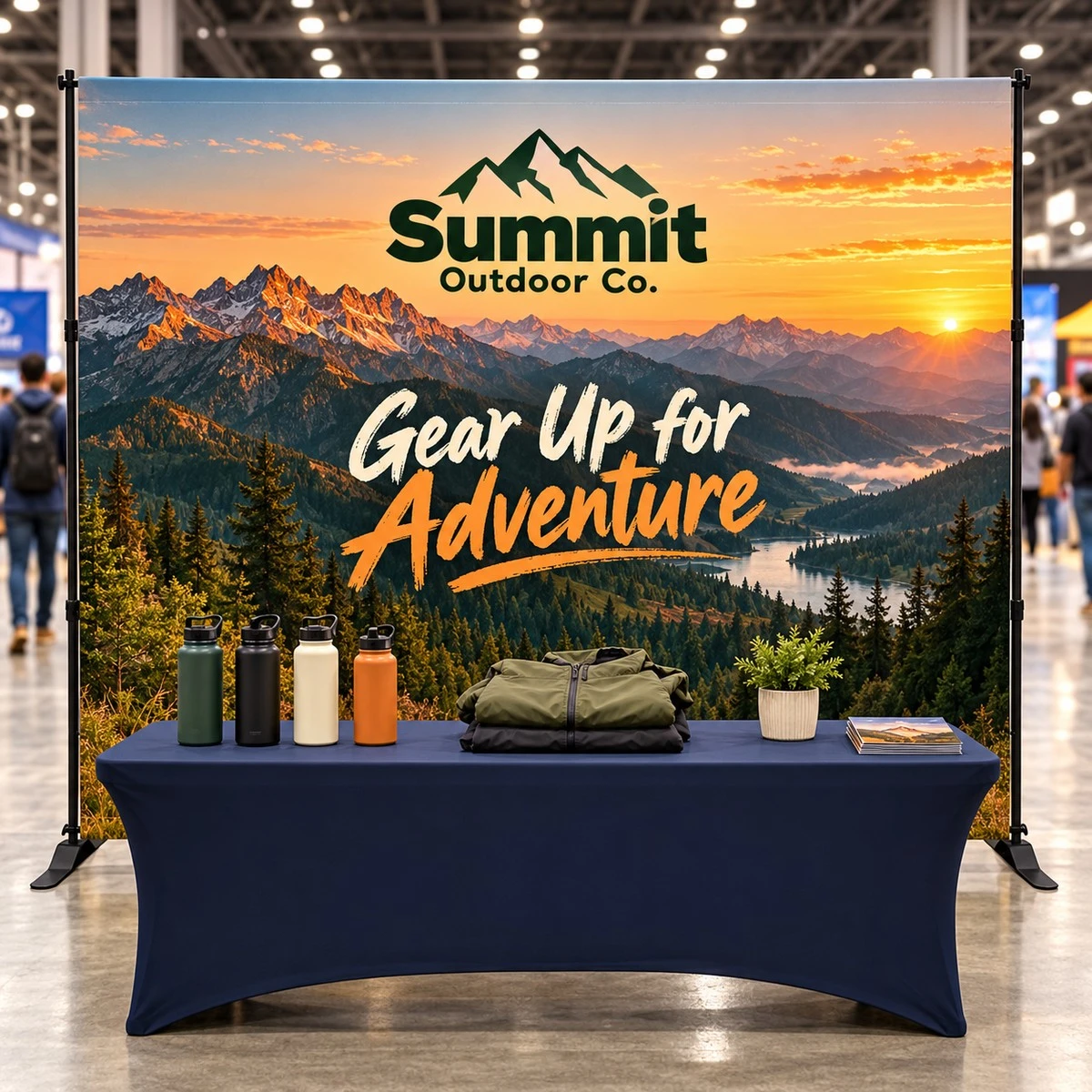 Trade show booth with a mountain sunrise slider backdrop reading Gear Up for Adventure behind a navy table